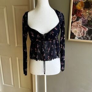 Forever 21 Womens Small Black Floral Surplice Long Sleeve Smocked Waist Top NWOT